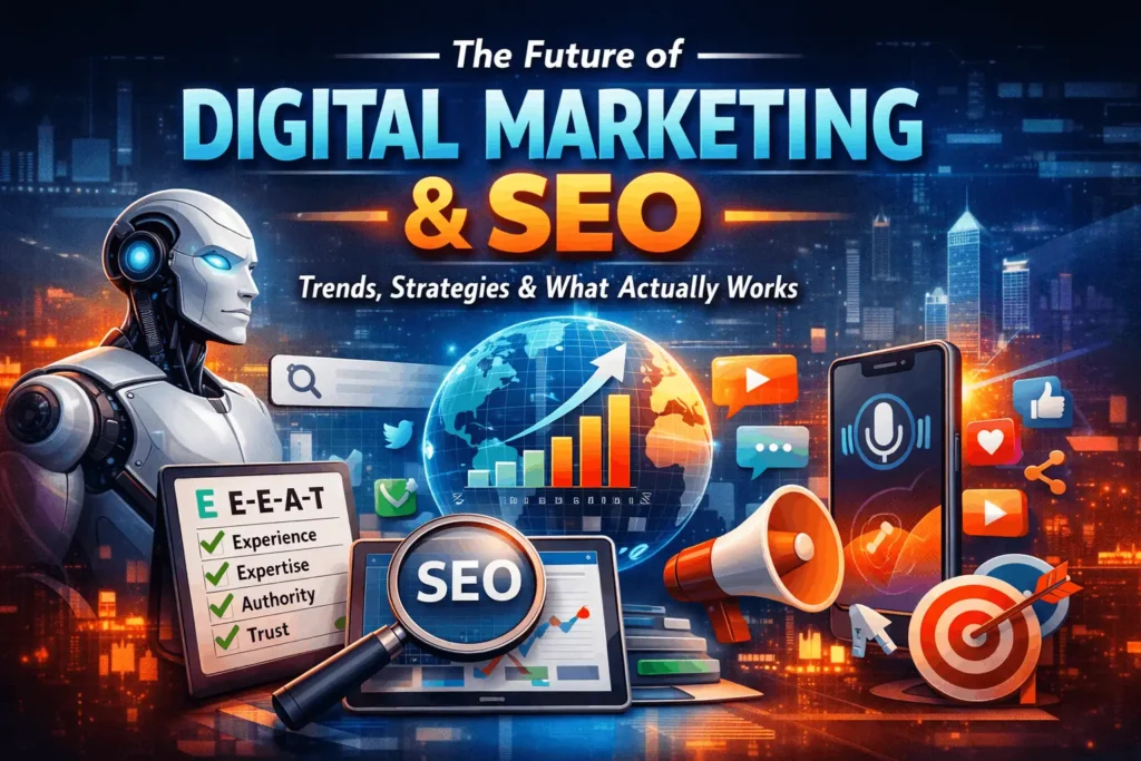 The future of digital marketing and SEO showing AI technology, data analytics, growth charts, E-E-A-T principles, social media icons, and modern online marketing strategies.