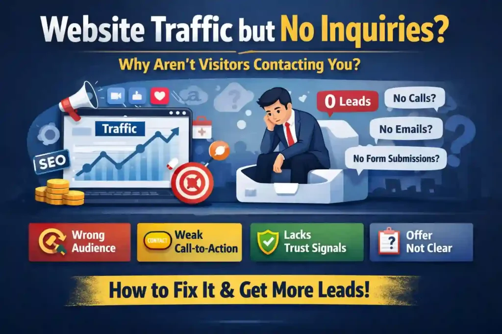 Website traffic but no inquiries infographic showing reasons like weak CTA, low trust, wrong audience and unclear offer