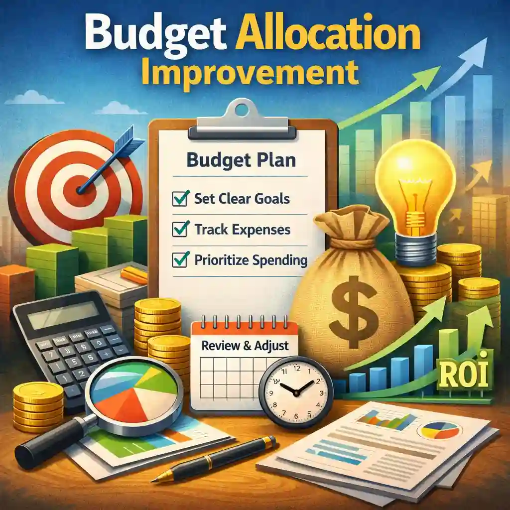 Budget allocation improvement concept with charts, graphs, and financial icons representing smart money management