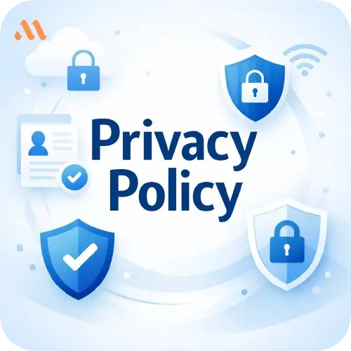 XZMeeraj.com Privacy Policy graphic showing padlocks, shields, and data security icons on a light blue background